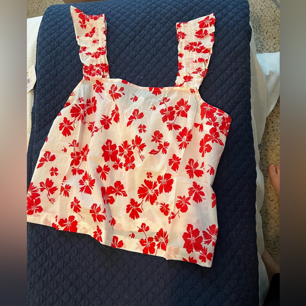 J. Crew Smocked ruffle-shoulder tank top / LARGE / WHITE BRIGHT CERISE